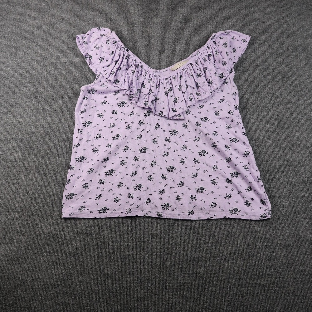 LOFT Shirt Womens Medium Purple Floral‎ Ruffle One Shoulder Top Summer Cute